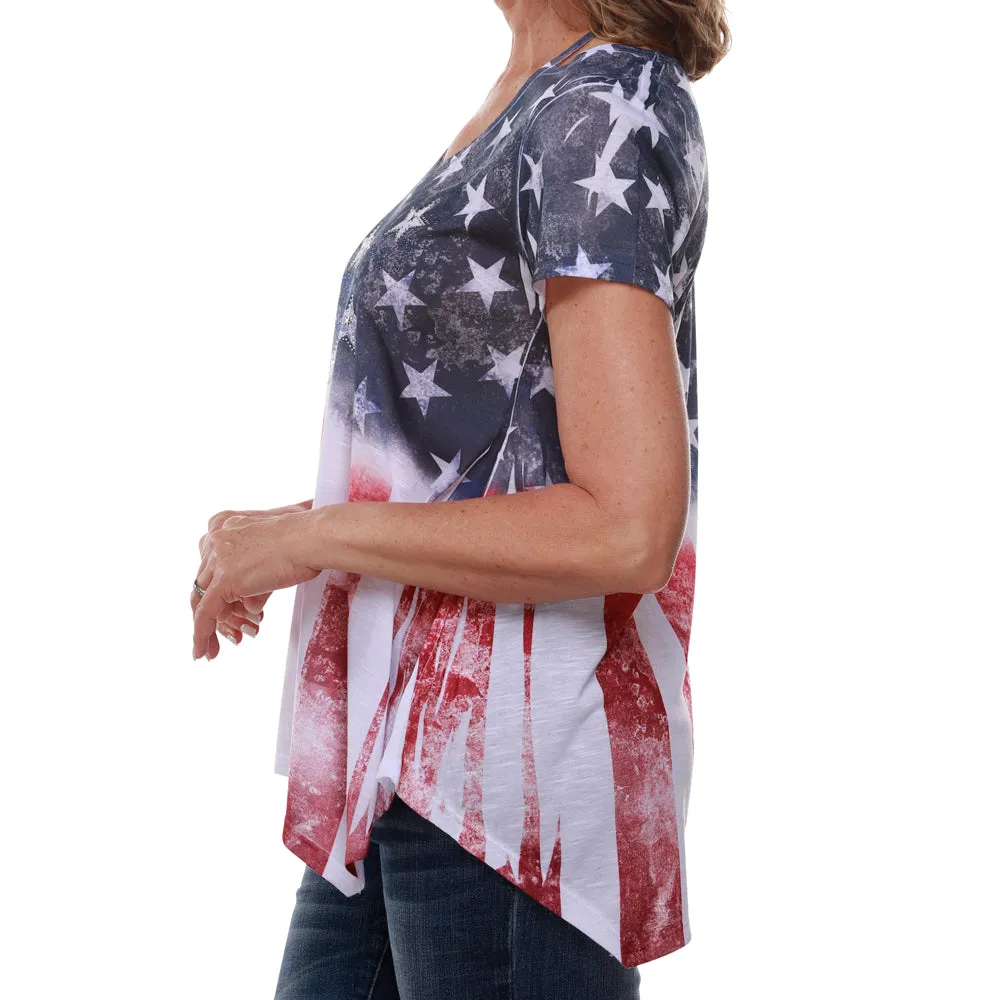 Women's Made in USA American Flag with Rhinestones Stars Shirt