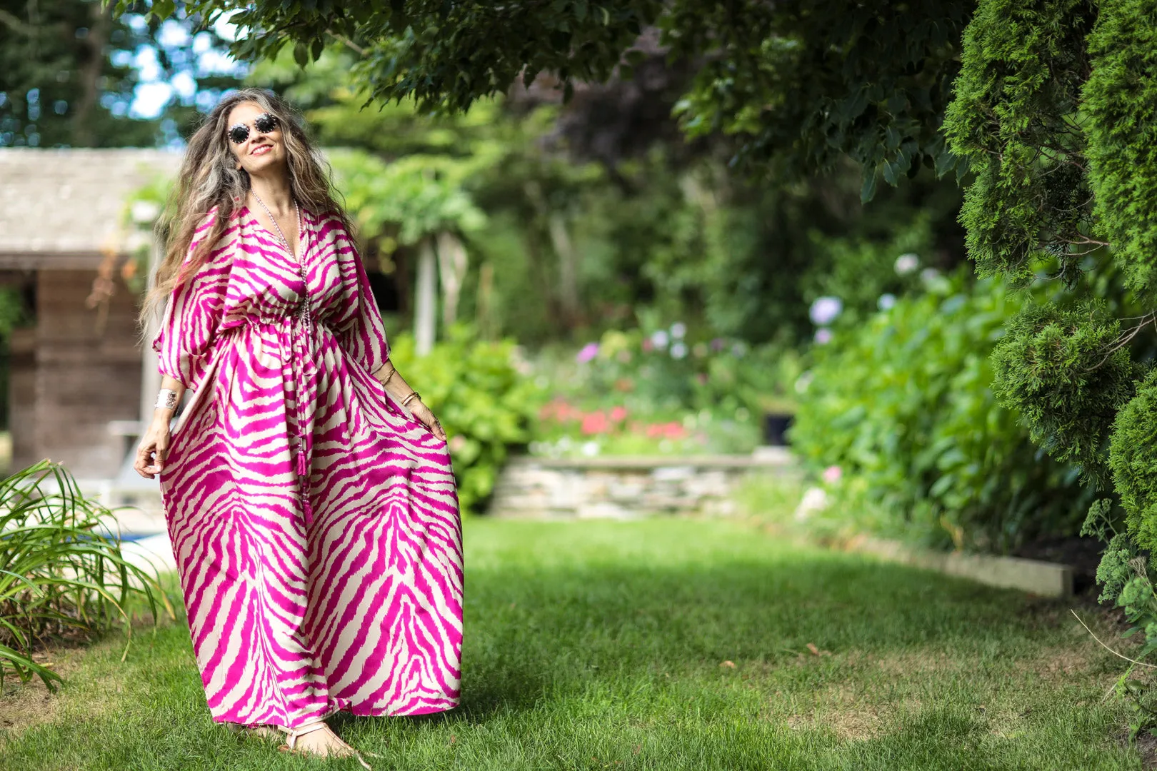 Zebra Fuchsia Italian Silk Maxi Kaftan