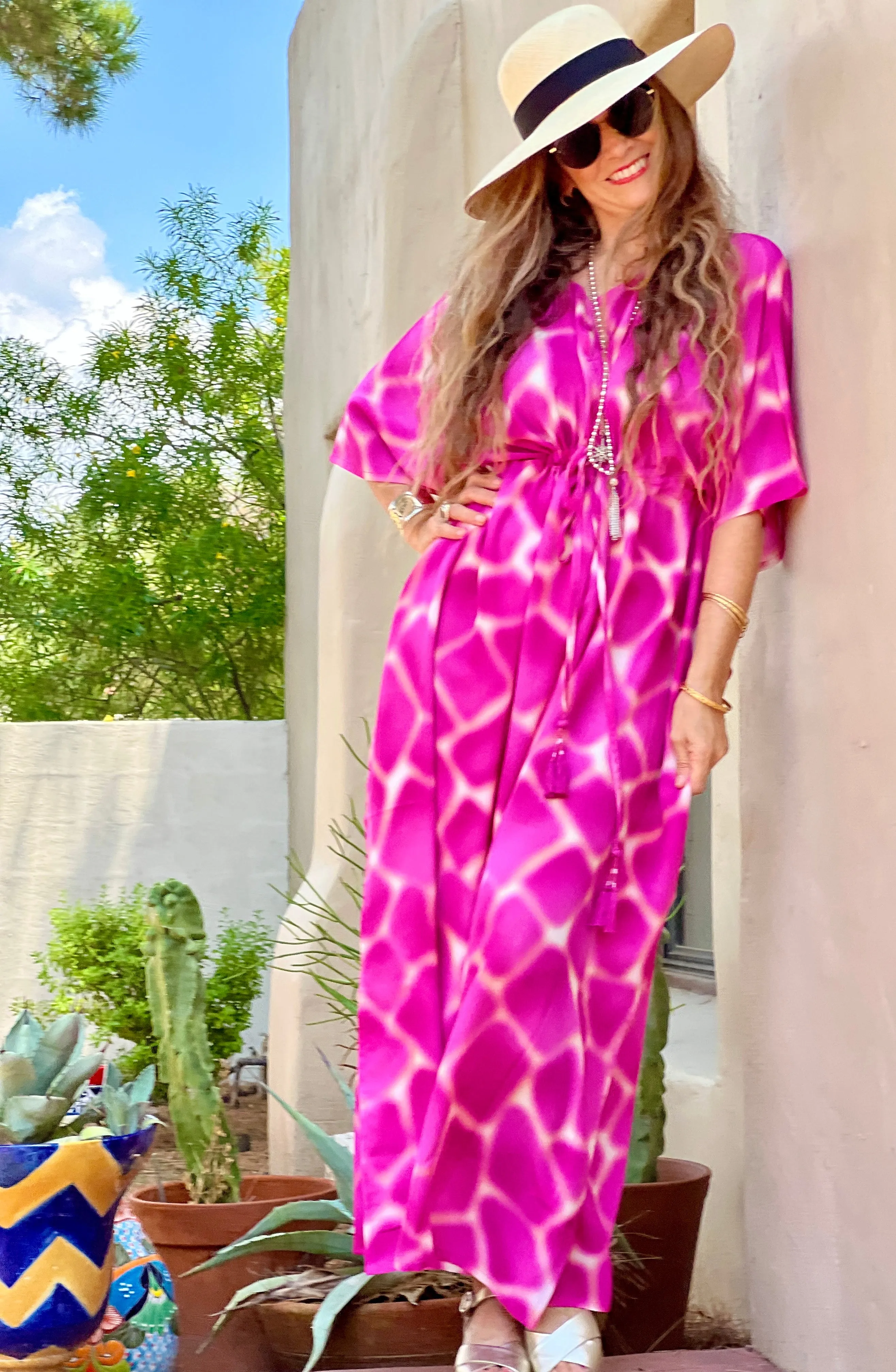 Zirafa Giraffa Magenta Italian Silk Maxi Kaftan