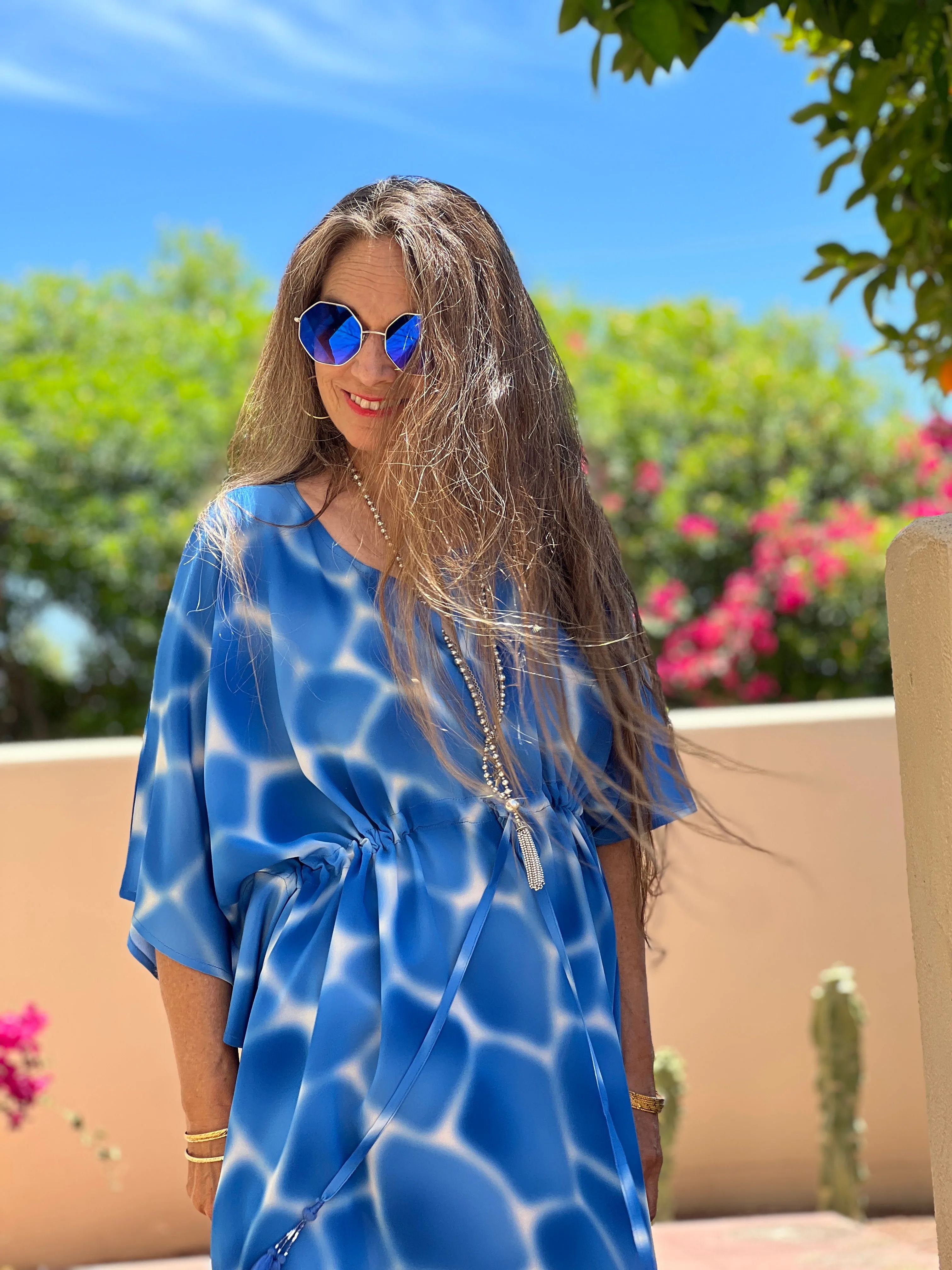 ZIRAFA GIRAFFA POOL BLUE ITALIAN SILK MAXI KAFTAN DRESS