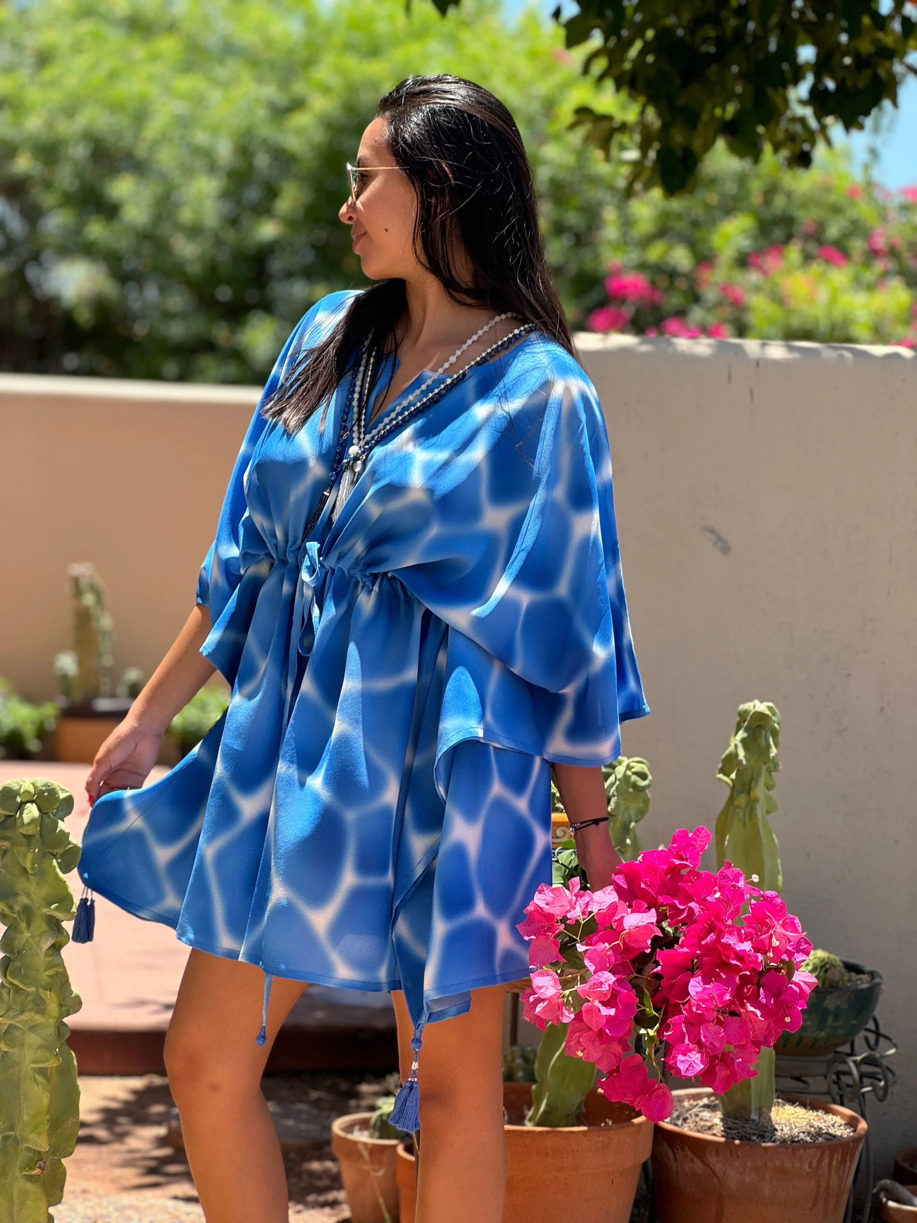 ZIRAFA GIRAFFA POOL BLUE ITALIAN SILK SHORT KAFTAN DRESS