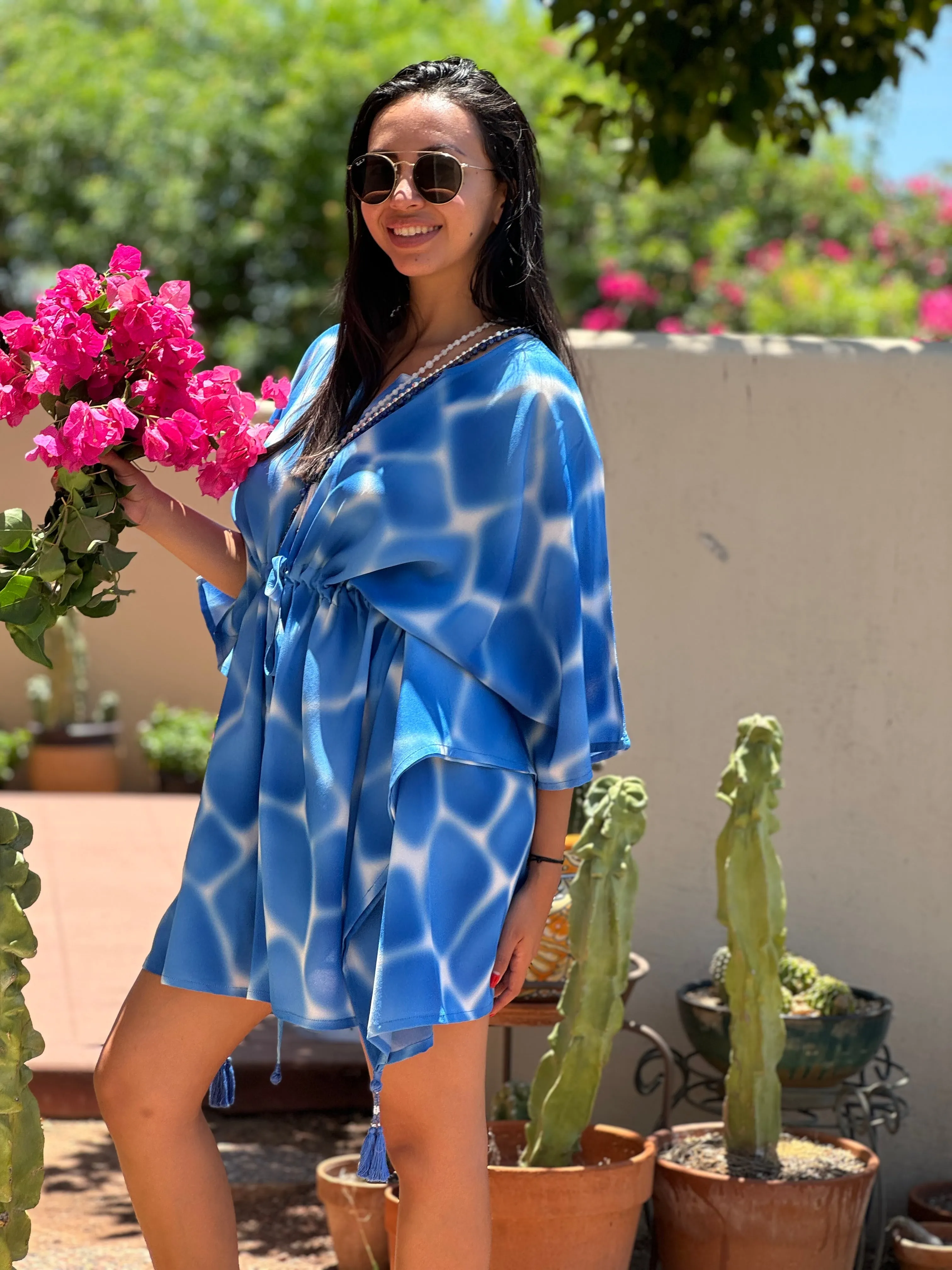 ZIRAFA GIRAFFA POOL BLUE ITALIAN SILK SHORT KAFTAN DRESS