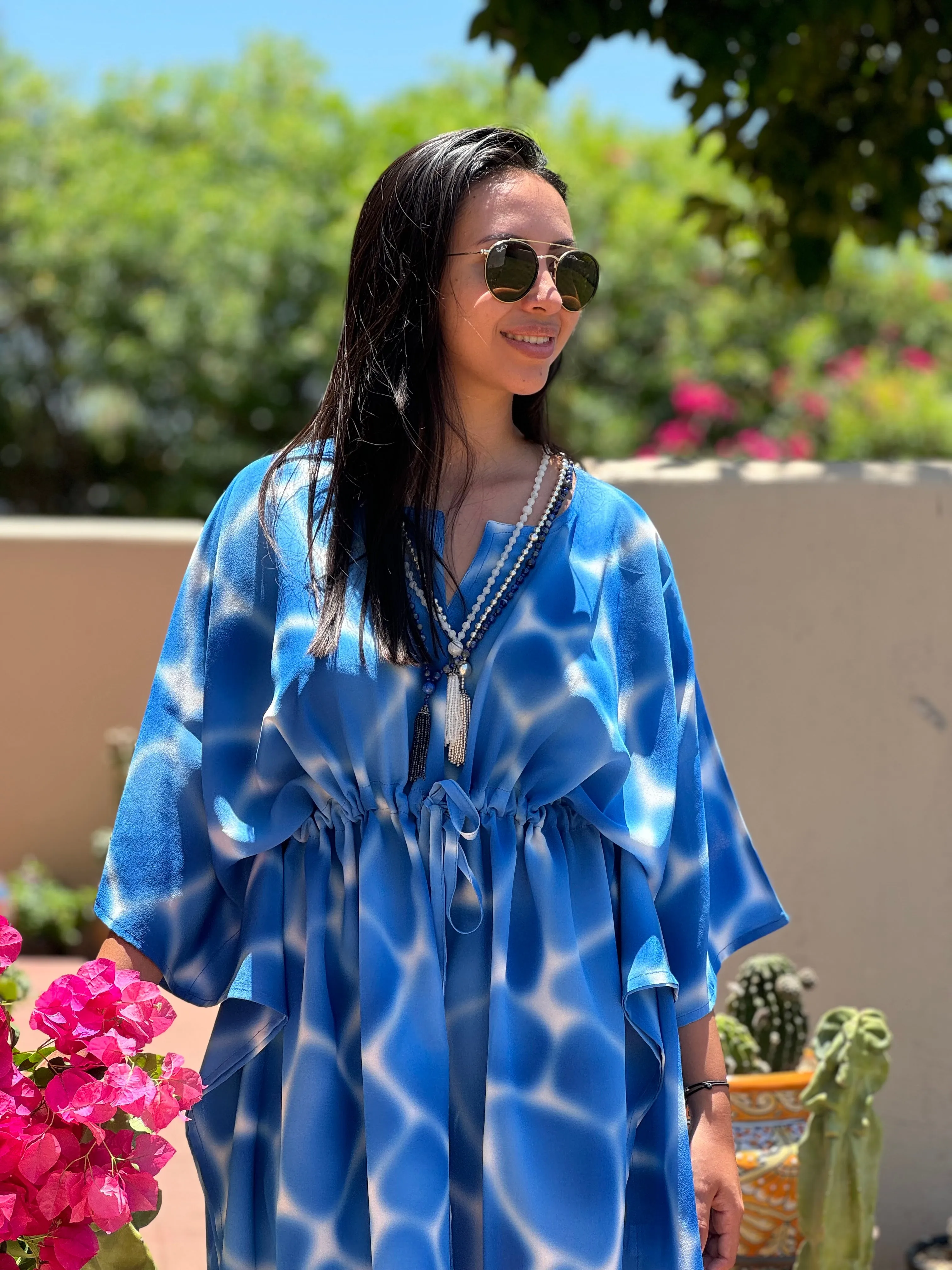 ZIRAFA GIRAFFA POOL BLUE ITALIAN SILK SHORT KAFTAN DRESS